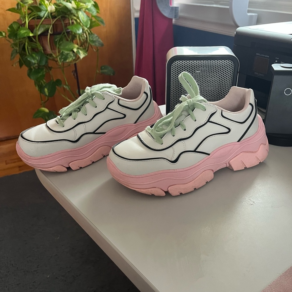 Skechers Women's White Sneakers with Pink Soles & Mint Laces